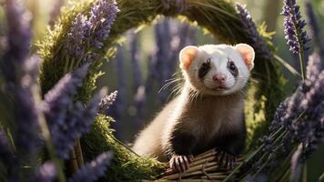 A ferret nestled in a floral arrangement of lavender and greenery. photo