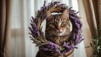 A cat framed by a lavender wreath, creating a serene and whimsical atmosphere. photo