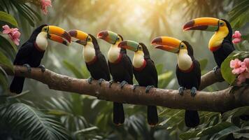 A vibrant scene of toucans perched on a branch in a lush, tropical environment. photo