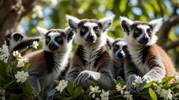 A group of lemurs perched among flowers, showcasing their curious expressions. photo