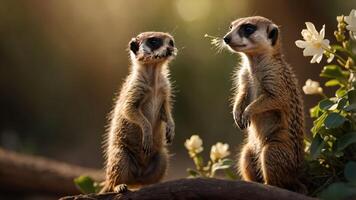 Two meerkats standing playfully in a natural setting with soft lighting. photo