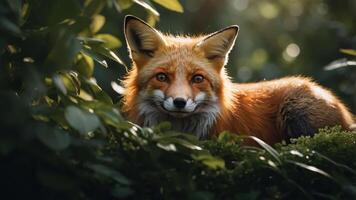 A close-up of a fox nestled among foliage in a serene natural setting. photo