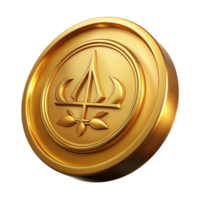 inspired futuristic Single gold coin, embossed design, ancient script, NO BACKGROUND with Transparent Background. professional png