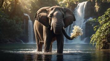 An elephant stands in a serene water setting, holding a flower, surrounded by lush greenery and waterfalls. photo