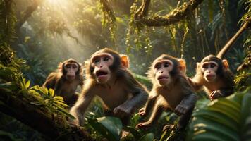A group of monkeys exploring a vibrant jungle, illuminated by sunlight. photo