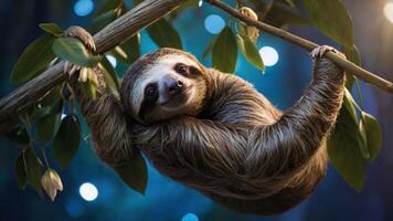 A sloth hanging from a branch amidst leaves and soft blue lights. photo