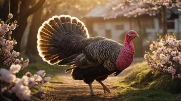A turkey walking through a path lined with cherry blossoms, illuminated by sunlight. photo