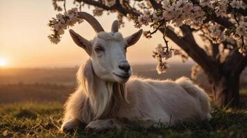 A serene goat resting under a flowering tree during sunset, showcasing nature's beauty. photo