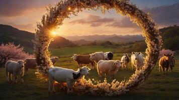 A serene landscape with cows framed by a floral arch at sunset. photo