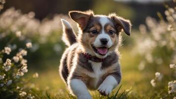 A playful puppy running through a field of flowers, exuding joy and energy. photo