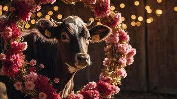 A cow framed by a floral wreath, illuminated by soft lights in a rustic setting. photo