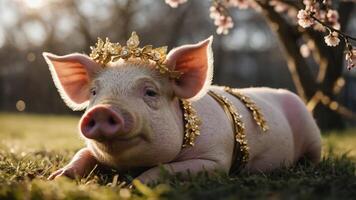 A pig adorned with a golden crown and accessories, lounging in a sunlit garden. photo