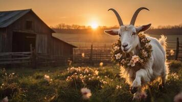 A goat adorned with flowers runs through a field at sunset near a rustic barn. photo