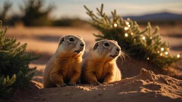 Two prairie dogs sit together in a desert setting, surrounded by greenery and soft lighting. photo