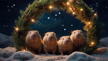 Four guinea pigs arranged in a festive wreath with twinkling lights against a starry background. photo