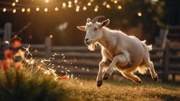A playful goat leaps joyfully in a sunlit field adorned with twinkling lights. photo