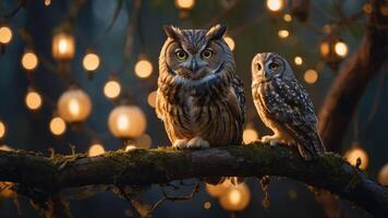 Two owls perched on a branch amidst glowing lanterns in a magical forest setting. photo
