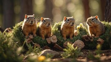 Four squirrels nestled in a circle of greenery, surrounded by a natural forest setting. photo