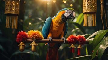 A vibrant parrot perched on a decorative branch in a lush, illuminated jungle setting. photo