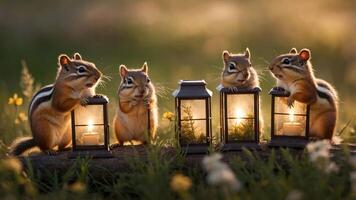Four chipmunks holding lanterns in a serene field, creating a whimsical atmosphere. photo