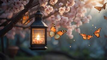 A lantern surrounded by cherry blossoms and butterflies, creating a serene, enchanting atmosphere. photo