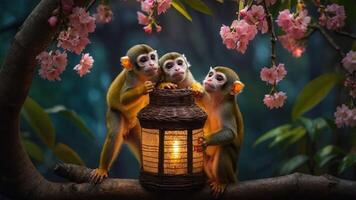 Three monkeys gathered around a glowing lantern amidst cherry blossom branches. photo
