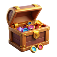 exceptional artistic Treasure chest, overflowing with gold coins and gems, open lid NO BACKGROUND with Transparent Background. premium png