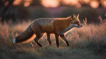 A fox walks gracefully through a sunlit, grassy field at dusk. photo