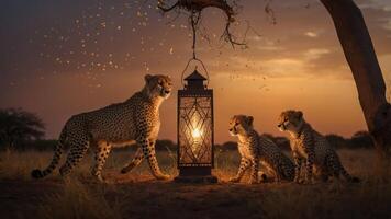 A cheetah and its cubs gather around a lantern in a serene twilight setting. photo