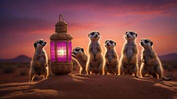 A group of meerkats gathered around a glowing lantern in a desert landscape at sunset. photo