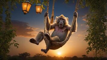 A baboon swings in a hammock at sunset, surrounded by nature and lanterns. photo