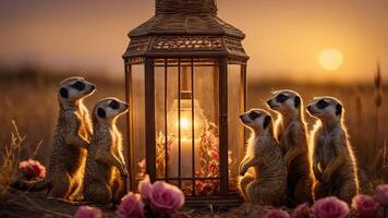 A group of meerkats gathered around a lantern in a serene sunset setting. photo
