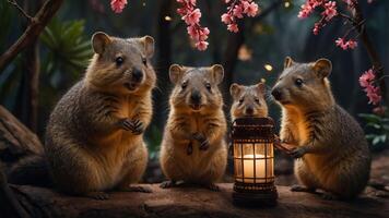 Four cute animals gathered around a lantern under cherry blossoms in a mystical forest setting. photo