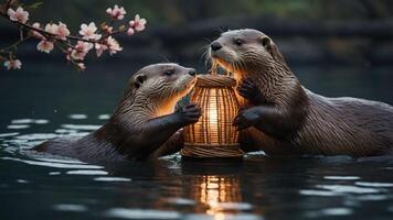 Two otters holding a lantern in a serene water setting, surrounded by cherry blossoms. photo