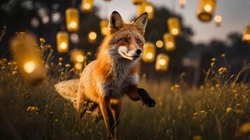 A fox joyfully running through a field illuminated by floating lanterns at dusk. photo