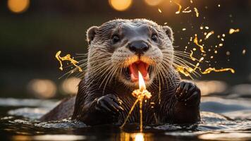 A playful otter splashes in water, capturing the joy of nature at sunset. photo