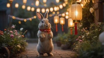 A charming rabbit stands in a garden adorned with lanterns and flowers, evoking a festive atmosphere. photo