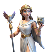 whimsical vibrant Athena, Goddess of Wisdom, holding owl, NO BACKGROUND with Transparent Background. sharp png
