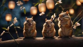 Three chipmunks sitting on a log surrounded by lanterns and flowers in a serene setting. photo