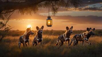 A group of wild dogs stands near a lantern at sunset, creating a serene atmosphere. photo