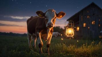 A cow stands near a lantern at dusk, with a barn in the background and stars above. photo