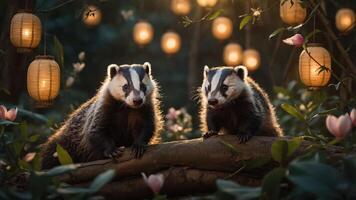 Two badgers sit on a log surrounded by glowing lanterns and flowers in a serene forest setting. photo