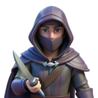 pristine quintessential A hooded fantasy assassin, holding a dagger. NO BACKGROUND with Transparent Background. png