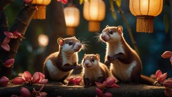 Three adorable animals gathered under lanterns amidst flowers in a serene setting. photo