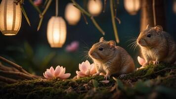 Two small rodents sit among flowers and lanterns in a serene, illuminated setting. photo