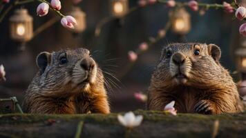 Two groundhogs surrounded by flowers and lanterns in a whimsical setting. photo