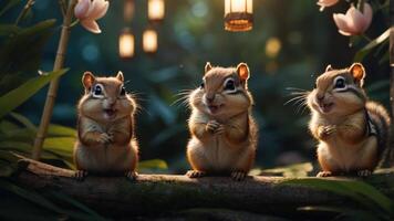 Three chipmunks playfully interacting in a serene, illuminated forest setting. photo
