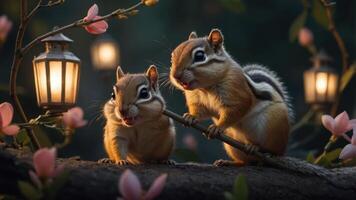 Two chipmunks sitting on a branch amidst lanterns and flowers, creating a whimsical scene. photo