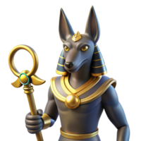remarkable tropical Anubis, jackal-headed Egyptian god, holding an ankh, NO BACKGROUND with Transparent Background. crisp png
