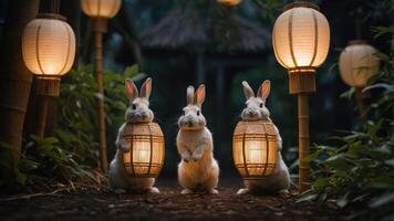 Three rabbits holding lanterns in a serene, illuminated garden setting. photo